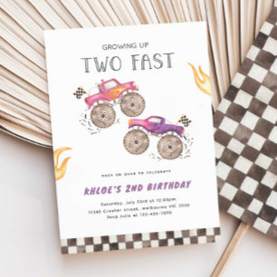 Invitación Chica Camión Monstruo Rosa Dos Cumpleaños Rápido