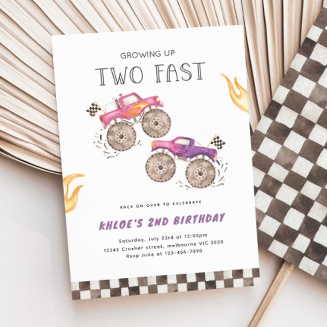 Invitación Chica Camión Monstruo Rosa Dos Cumpleaños Rápido (Subido por el creador)