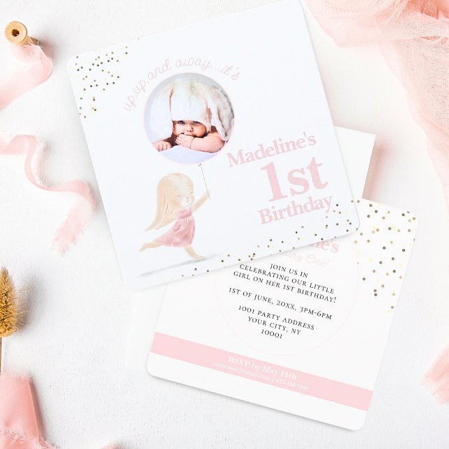 Invitación Chica caprichoso Primer cumpleaños Rubor Foto de o (Simple Cute Whimsical Bunny Rabbit Girls 1st birthday party invitation with pink balloons & confetti)