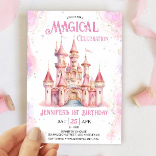 Invitación Chica Castillo Rosa Princesa Primer Fiesta de Cump