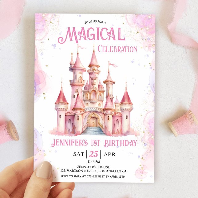 Invitación Chica Castillo Rosa Princesa Primer Fiesta de Cump (Subido por el creador)