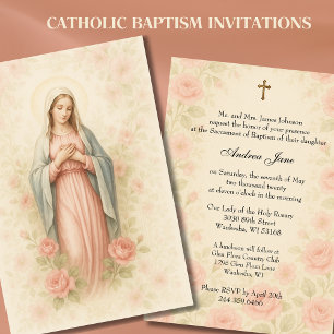 Invitación Chica católica bautismo Madre María rosas rosadas