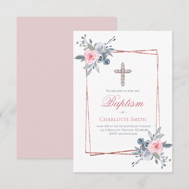 Invitación Chica católica Bautismo marco floral (Anverso / Reverso)