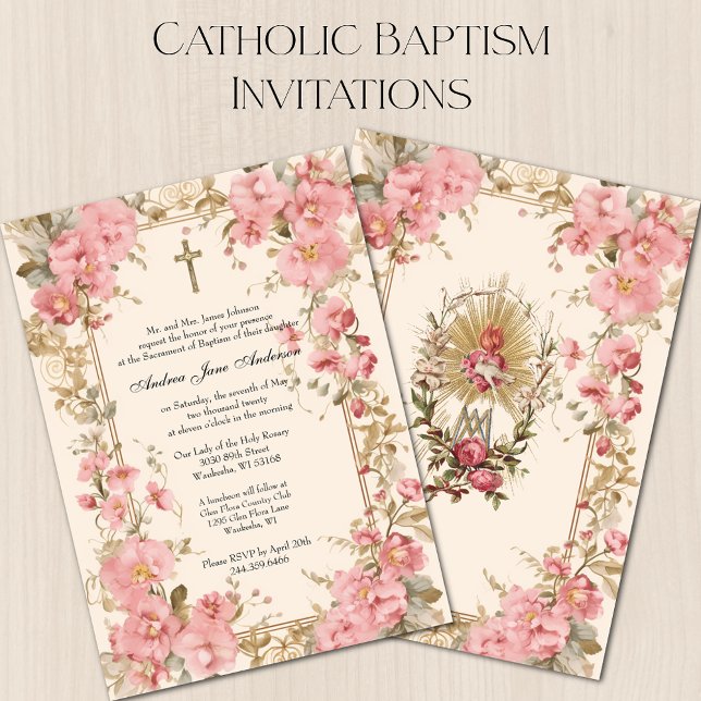 Invitación Chica católico bautismo Christening Pink Floral (Subido por el creador)