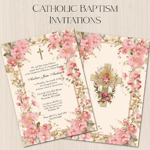 Invitación Chica católico bautismo Christening Pink Floral