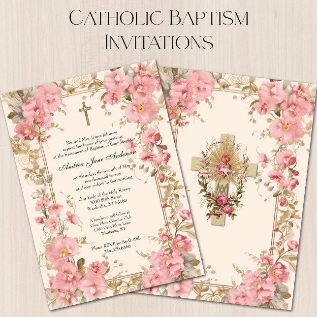 Invitación Chica católico bautismo Christening Pink Floral (Subido por el creador)