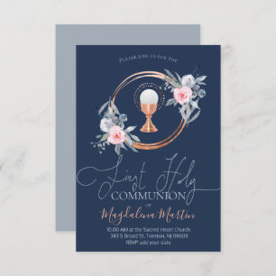 Invitación chica católico primera comunión círculo floral