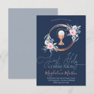 Invitación chica católico primera comunión círculo floral