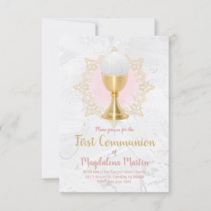 Invitación chica católico primera comunión diseño rosa gris