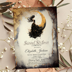 Invitación Chica Celestial de la Luna Acuarela Dorada Dulces