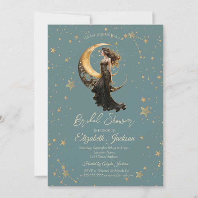 Invitación Chica celestial de la Luna Estrellas Mint Green Br (Anverso)