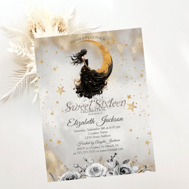 Invitación Chica celestial de la luna flores estrellas dulces (Subido por el creador)