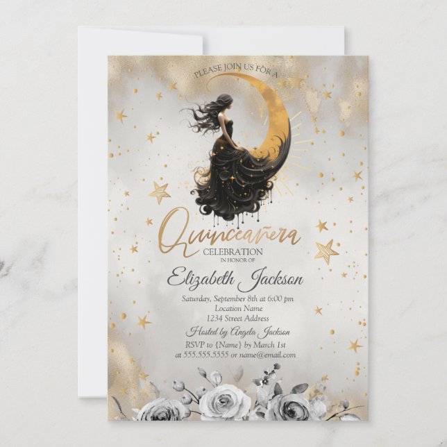 Invitación Chica celestial de la Luna Flores Estrellas Quince (Anverso)