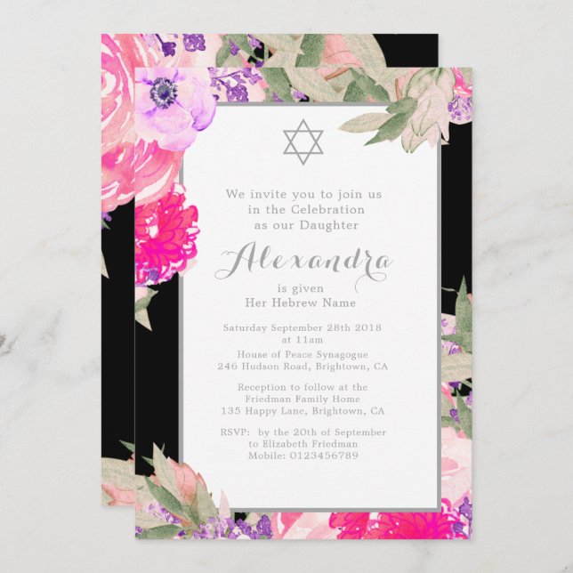 Invitación Chica Ceremonia de Nomenclatura Floral Hebrea Eleg (Anverso / Reverso)