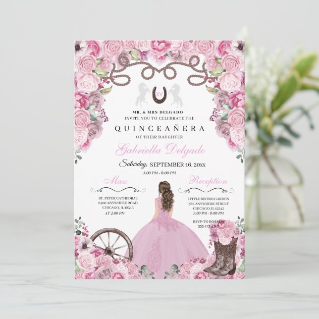 Invitación Chica Charra Occidental Rosa Ranchero Quinceanera (Anverso de pie)