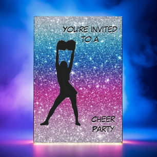 Invitación Chica Cheer Purpurina rosa morado azul Ombre Cumpl