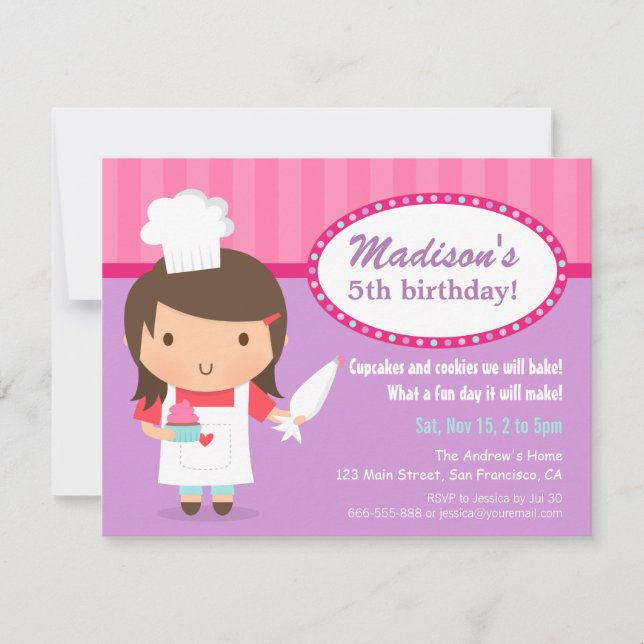 Invitación Chica Chef Cupcake Frosting Baking Birday Party (Anverso)