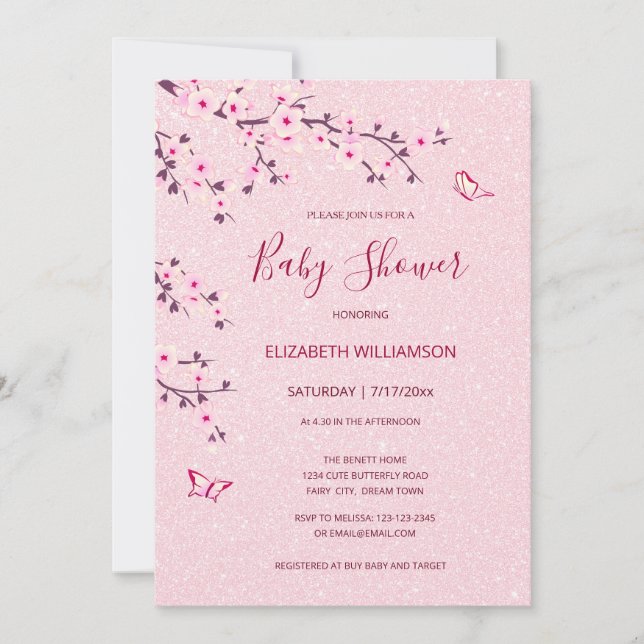 Invitación Chica Cherry Blossom Baby Shower  (Anverso)