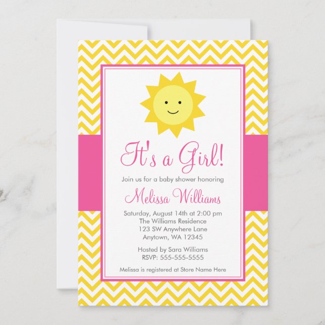 Invitación Chica Chevron amarillo rosa Sunshine Baby Shower (Anverso)