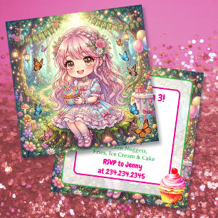 Invitación Chica Chibi Rosa con Cumpleaños de Tarta