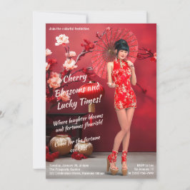 Invitación Chica chino de Año Nuevo con un paraguas rojo