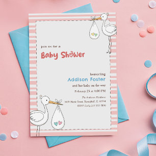 Invitación Chica Cigüeña con Raya Rosa Preppy Baby Shower