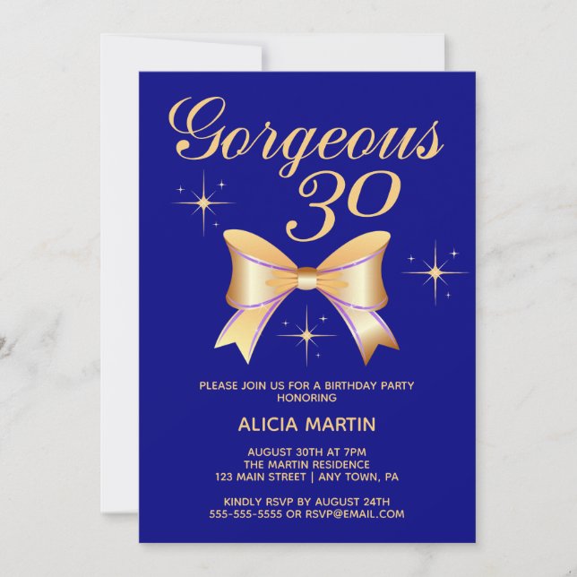 Invitación Chica Cinta de Oro Gorgeous 30 Navy 30 cumpleaños (Anverso)