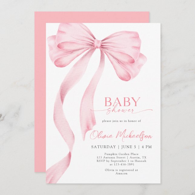 Invitación Chica Cinta Rosa Bow Coquette Elegante Baby Shower (Anverso / Reverso)