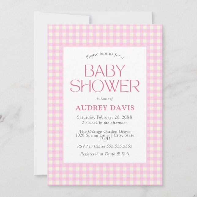 Invitación Chica clásico rosado de Gingham Baby Shower (Anverso)