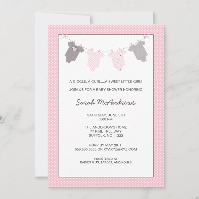 Invitación Chica Clothesline Baby Shower invita al gris rosad (Anverso)