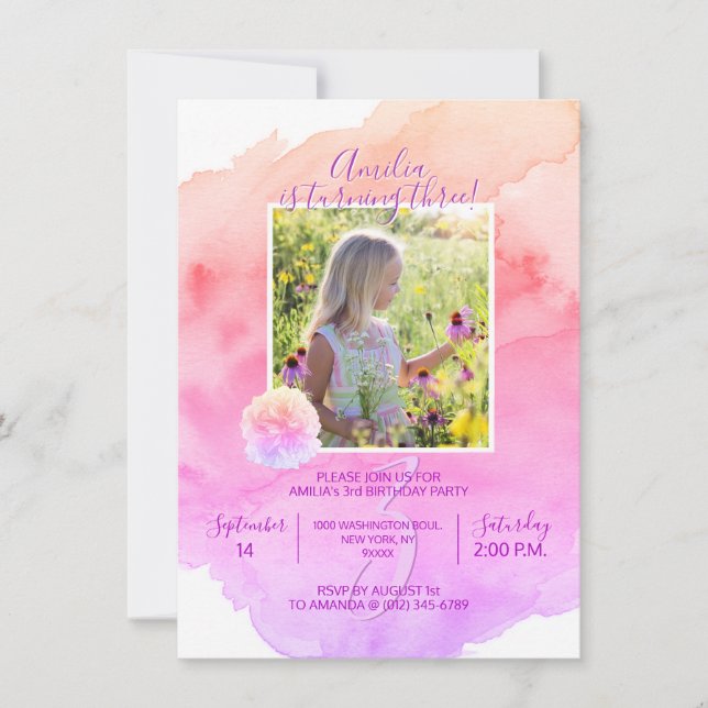 Invitación Chica color de agua rosa morado 3 Fiesta DE CUMPLE (Anverso)
