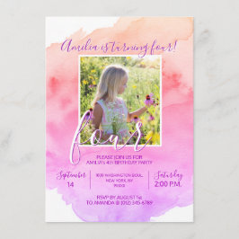 Invitación Chica color de agua rosa morado de cuarto año de n