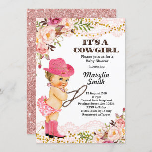 Invitación Chica color de rosa de Baby Shower de la vaquera