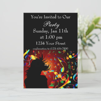 Invitación Chica colorida bailando y notas musicales