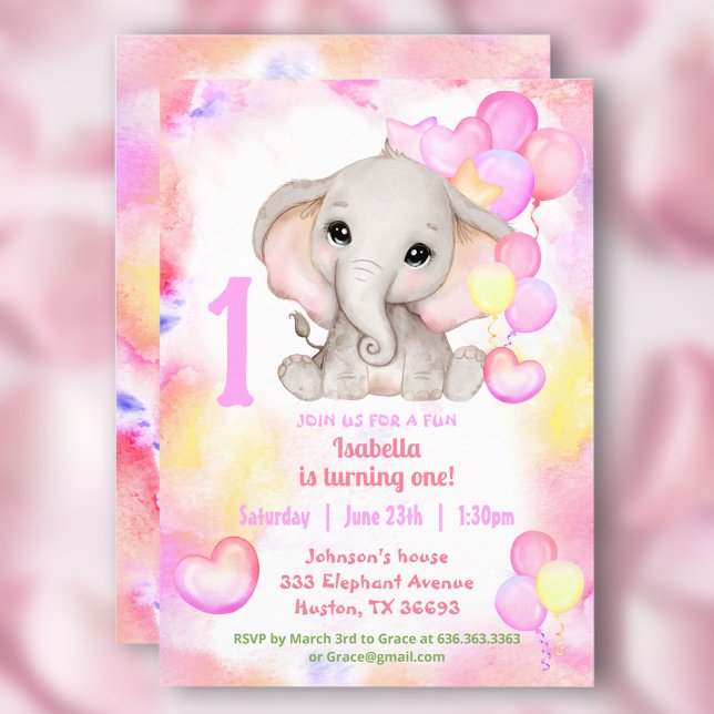 Invitación Chica colorido de verano elefante lindo primer cum (Cute Elephant Summer Colorful Girl 1stBirthday Invitation)