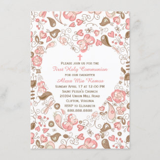Invitación Chica Comunión floral de corazón rosa