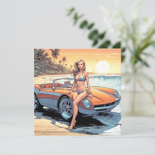 Invitación Chica con coche deportivo (Anverso de pie)