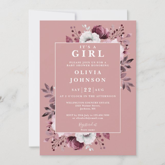 Invitación Chica con Floral Rosa Todo En Uno Baby Shower (Anverso)