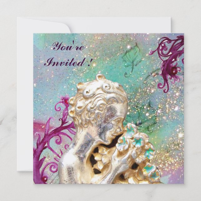 Invitación CHICA CON FLORES EN DERRAMES DE ORO, Zafiro Azul (Anverso)