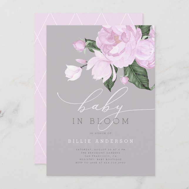 Invitación Chica con flores grises de lavanda en ducha de flo (Anverso / Reverso)