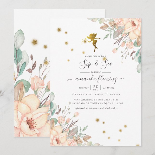 Invitación Chica con temática rosada y dorada Sip y See (Anverso / Reverso)