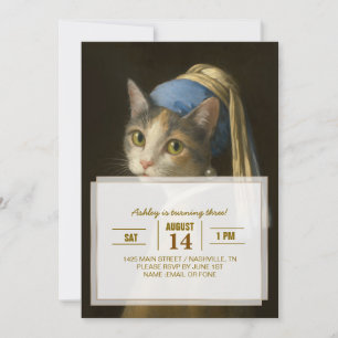 Invitación Chica con un gato pendiente de perla