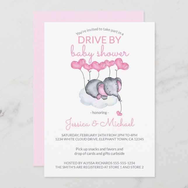 Invitación Chica conducido por Baby Shower Pink Elephant en l (Anverso / Reverso)