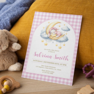 Invitación Chica conejito Luna Estrella Rosa a cuadros Baby S