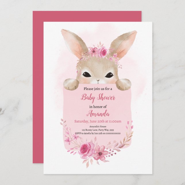 Invitación Chica Conejo Baby Shower Pink Boho Rabbit Floral (Anverso / Reverso)