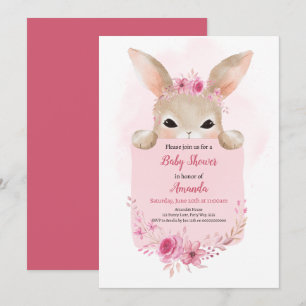 Invitación Chica Conejo Baby Shower Pink Boho Rabbit Floral