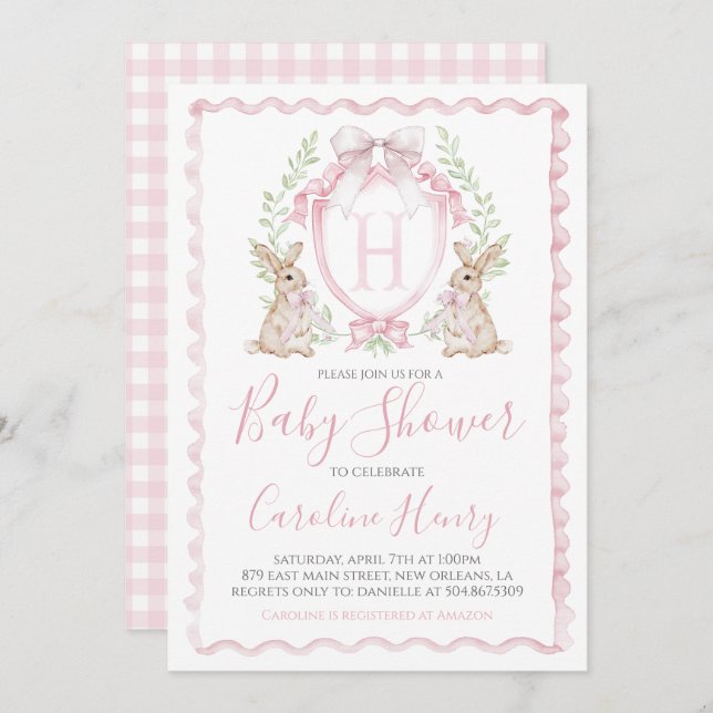 Invitación Chica Conejo Conejo Baby Shower Preppy Gingham Pin (Anverso / Reverso)