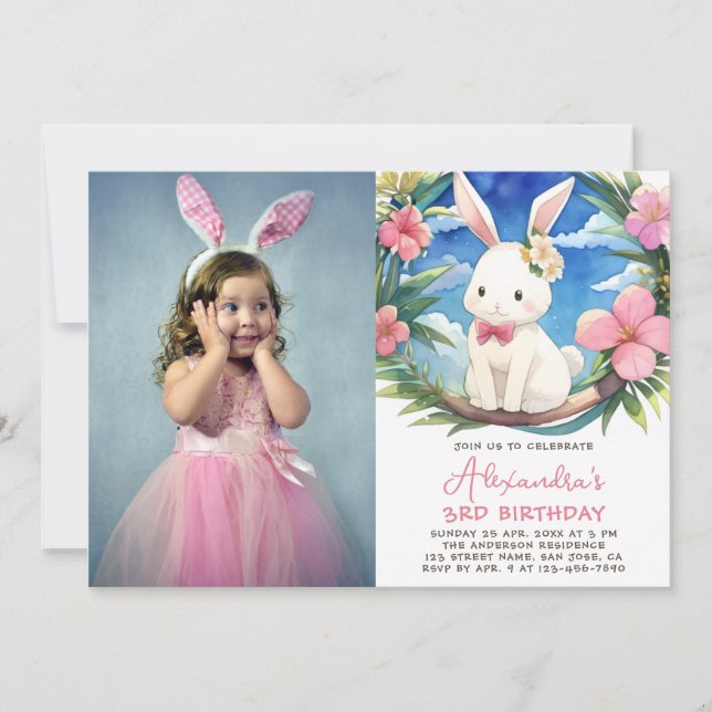 Invitación Chica Conejo Cumpleaños Foto Conejo Lindo Flores R (Anverso)