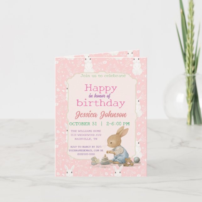 Invitación Chica conejo rosado (Anverso)