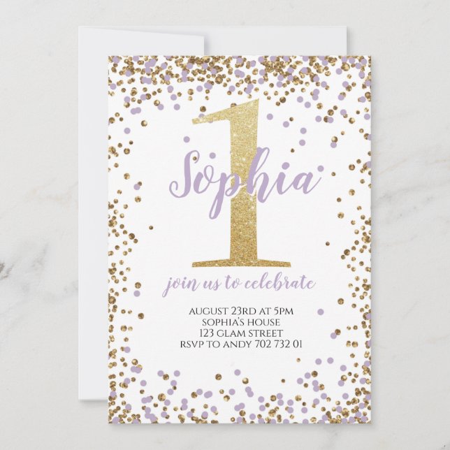 Invitación Chica Confetti de Lavanda Púrpura Primer Día de Or (Anverso)